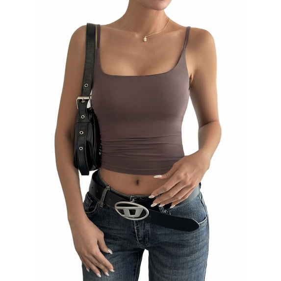 Women'S Double Lined Camisole Tank Tops - Adjustable Spaghetti Strap Top, Basic Tank for Layering Brown L