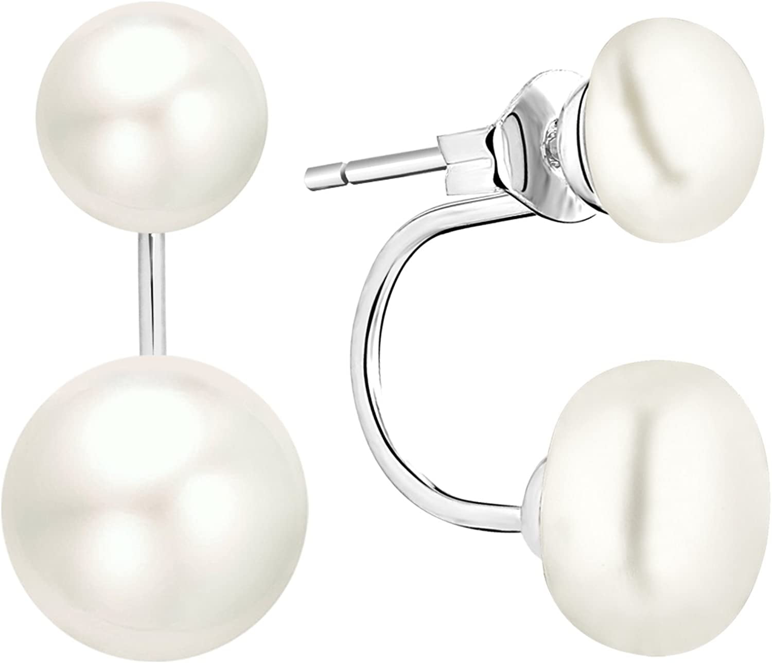 BILLBIANC Women'S Double Pearl Earrings 25 Sterling Silver Double Pearl Earring Pearl Front Back Freshwater Cultured Pearl 7Mm/9Mm Stud Earrings