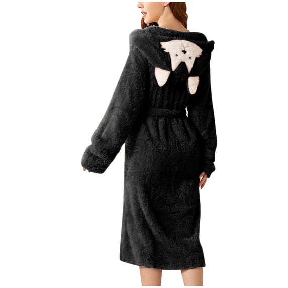 Women'S Double Pocket 3d Ear Hooded Flannel Bathrobe Soft And Warm Double Faced Velvet Pocket Shawl Wraps for Women