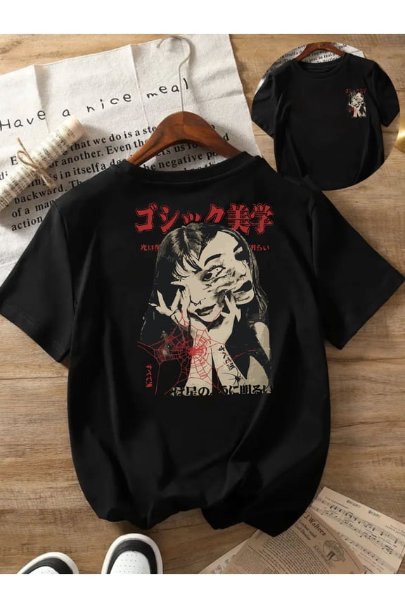 Women'S Dracula Graphic T-Shirt - Japanese Horror Print, Short Sleeve Crew Neck Casual Top, Comfortable Fit, Black with Red & White Design, All-Season Wea