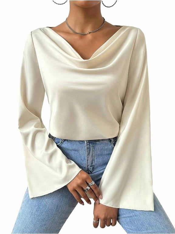 Women'S Draped Cowl Neck Bell Long Sleeve Asymmetrical Hem Blouse Top Color M