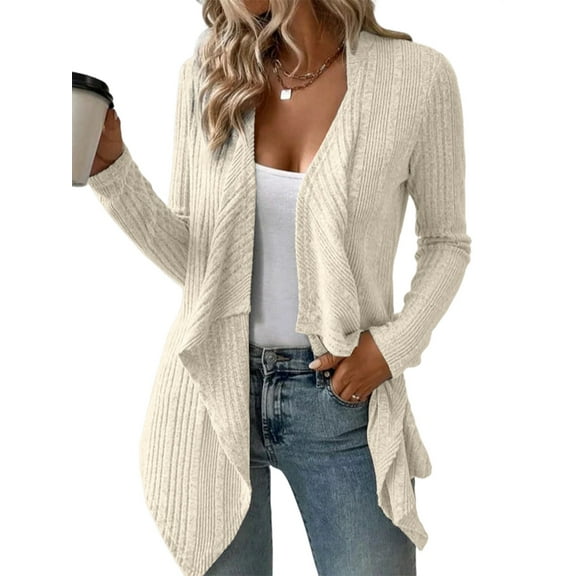 Women'S Draped Open Front Light-Weight Cardigan Tops Casual Long Sleeve Knit Outerwear Apricot S