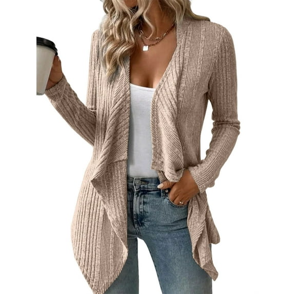 Women'S Draped Open Front Light-Weight Cardigan Tops Casual Long Sleeve Knit Outerwear Khaki XL