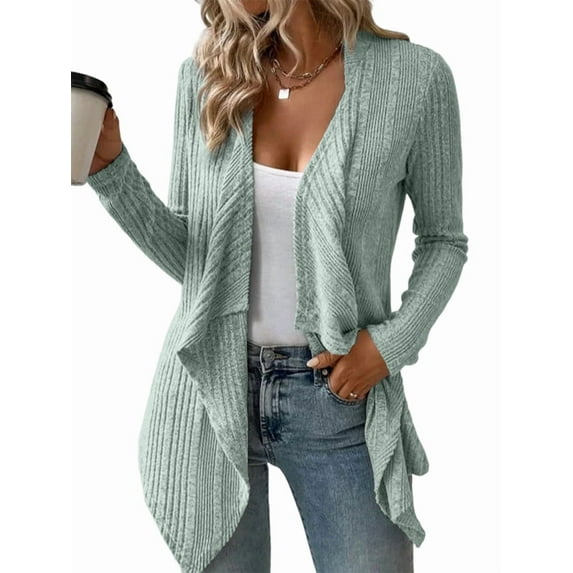 Women'S Draped Open Front Light-Weight Cardigan Tops Casual Long Sleeve Knit Outerwear Light Green S