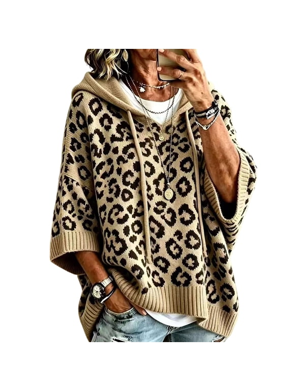 Women‘S Drawstring 3/4 Sleeve Hoodie Knit Pullover Sweater Oversized Hooded, S