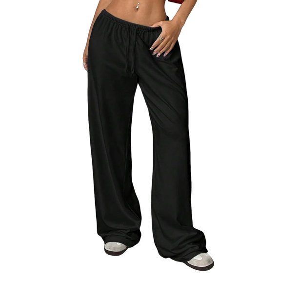 Women'S Drawstring Waist Straight Streetwear Long Wide Leg Pants Casual Loose Baggy Workout Long Fall Sweatpants Black L
