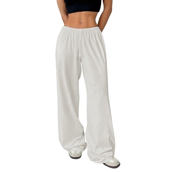 Women'S Drawstring Waist Straight Streetwear Long Wide Leg Pants Casual Loose Baggy Workout Long Fall Sweatpants White L