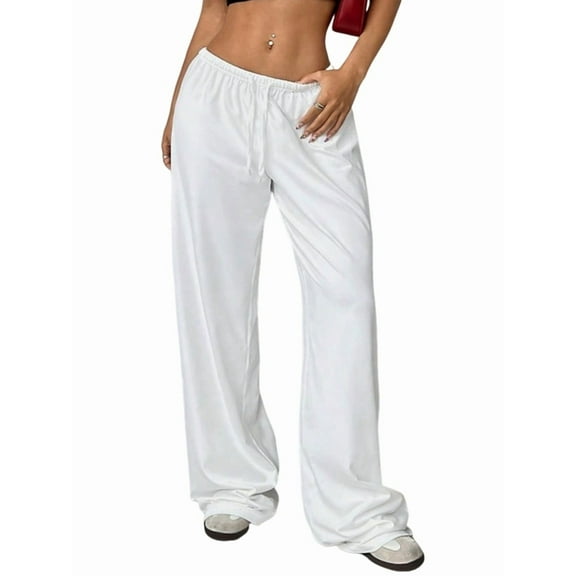 Women'S Drawstring Waist Straight Streetwear Wide Leg Sweatpants Casual Loose Baggy Long Summer Pants White XS