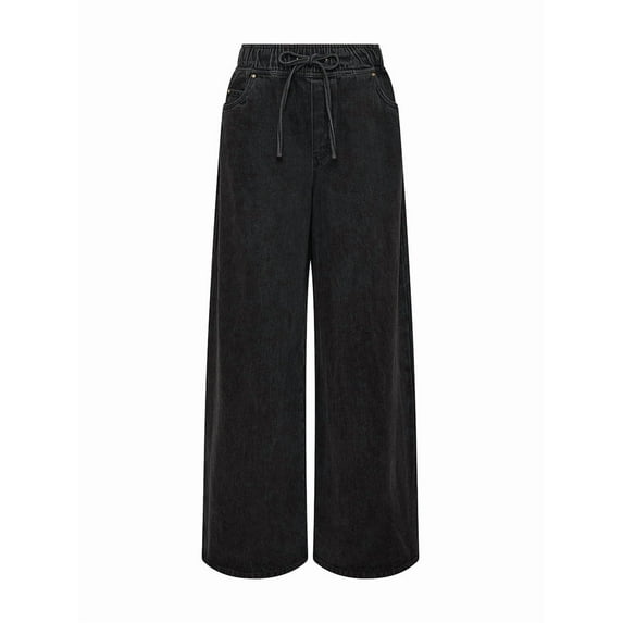 Women'S Drawstring Wide Leg Jeans Low Waisted Loose Fit Denim Pants Black L