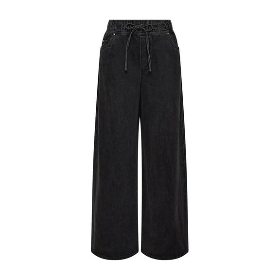 Women'S Drawstring Wide Leg Jeans Low Waisted Loose Fit Denim Pants Black L