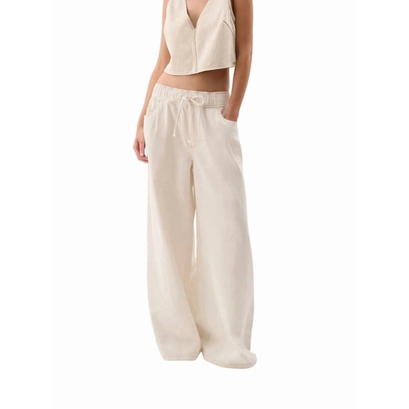 Women'S Drawstring Wide Leg Jeans Low Waisted Loose Fit Denim Pants White M