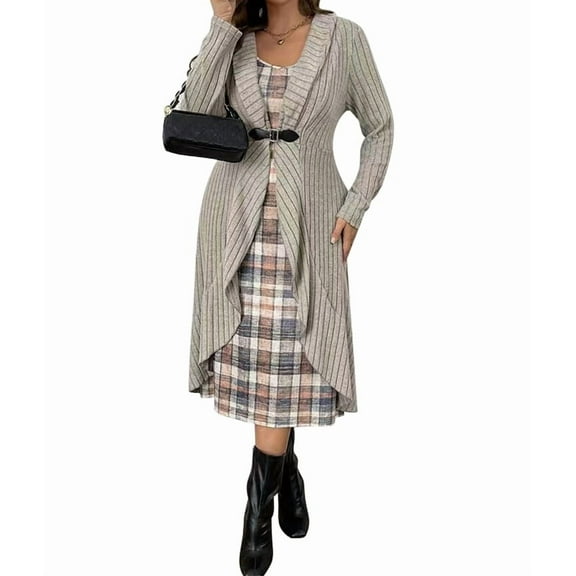 Women'S Dress 2 Piece Outfits Ribbed Knitted Long Sleeve Long Cardigan Plaid Sleeveless Midi Dress Fall Sets Khaki XL