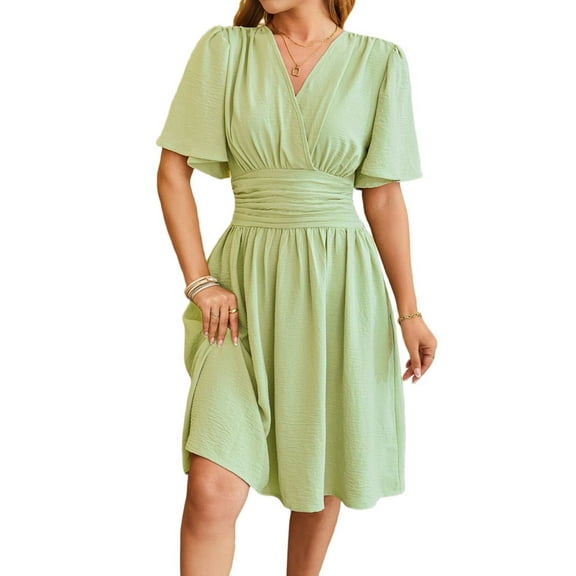 Women'S Dress 2025 Summer Deep V Neck Elegant Ruffle Mini Dress Waist Dresses Bean Green M