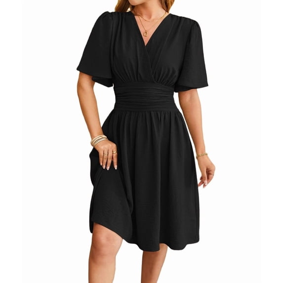 Women'S Dress 2025 Summer Deep V Neck Elegant Ruffle Mini Dress Waist Dresses Black S