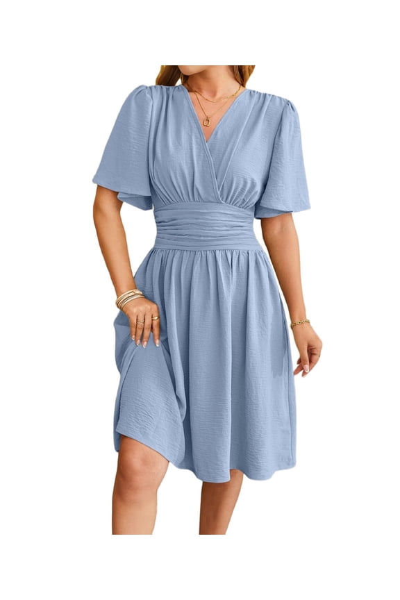 Women'S Dress 2025 Summer Deep V Neck Elegant Ruffle Mini Dress Waist Dresses Blue L