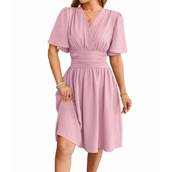 Women'S Dress 2025 Summer Deep V Neck Elegant Ruffle Mini Dress Waist Dresses Light Pink XL