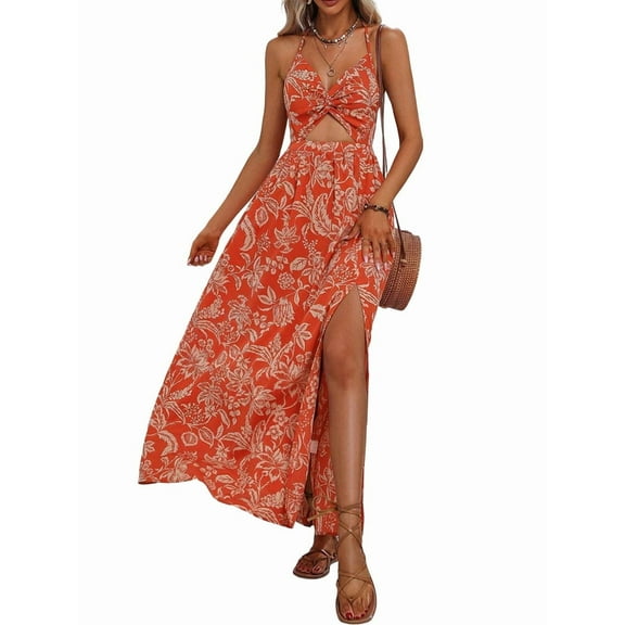 Women'S Dress Hollow Pleated Halterneck Printed Dress with V Neck Maxi Dress for Women Red M