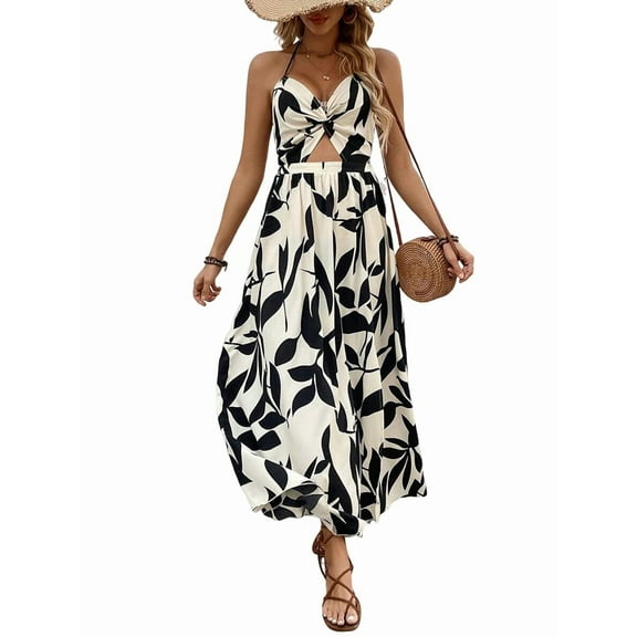 Women'S Dress Hollow Pleated Halterneck Printed Dress with V Neck Maxi Dress for Women White S