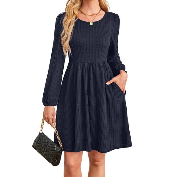 Women'S Dress Long Lantern Sleeves Round Neck Flowing A-Line Skirt Autumn Fashion Dark Blue XXL