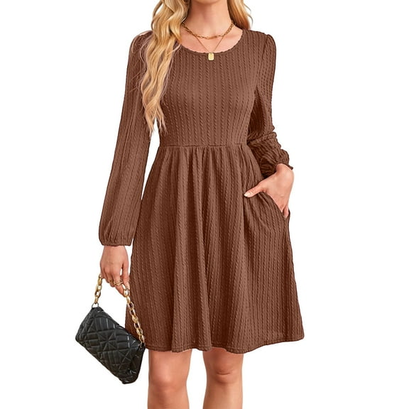 Women'S Dress Long Lantern Sleeves Round Neck Flowing A-Line Skirt Autumn Fashion Dark Brown XXL
