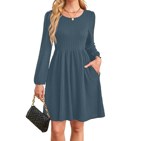 Women'S Dress Long Lantern Sleeves Round Neck Flowing A-Line Skirt Autumn Fashion Sea Blue L