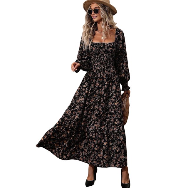 Women'S Dress Long Sleeve Square Neck Floral Print Smocked A Line Boho Flowy Maxi Dresses Black S