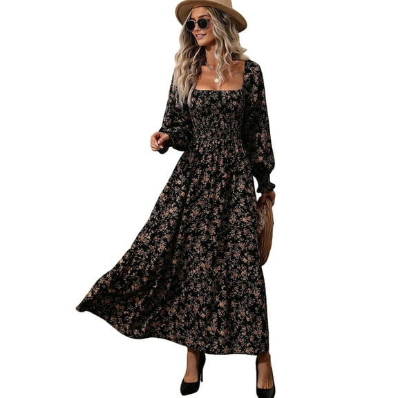 Women'S Dress Long Sleeve Square Neck Floral Print Smocked A Line Boho Flowy Maxi Dresses Black XS