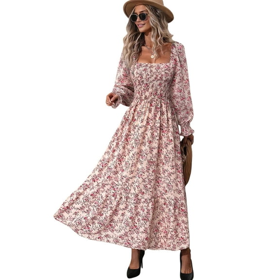 Women'S Dress Long Sleeve Square Neck Floral Print Smocked A Line Boho Flowy Maxi Dresses Pink L
