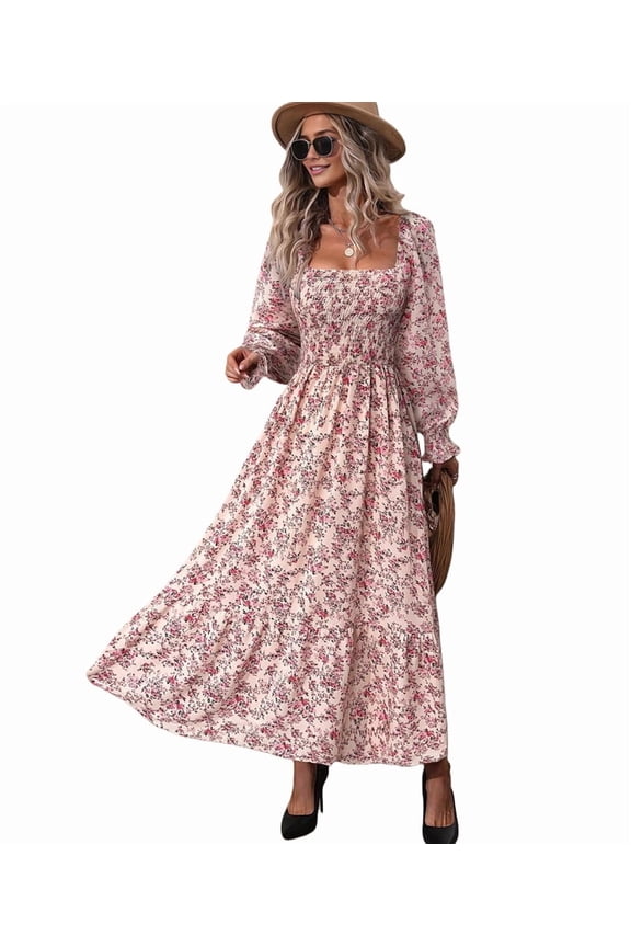 Women'S Dress Long Sleeve Square Neck Floral Print Smocked A Line Boho Flowy Maxi Dresses Pink XS