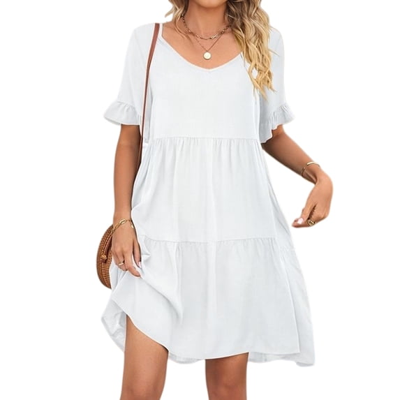 Women'S Dress Summer Casual Ruffle Short Sleeve A Line Tiered Flowy Cute V Neck Mini Beach Dress White S