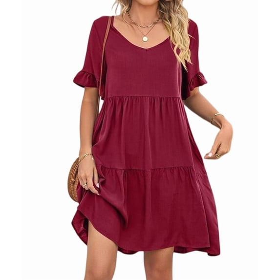 Women'S Dress Summer Casual Ruffle Short Sleeve A Line Tiered Flowy Cute V Neck Mini Beach Dress Wine Red XXL