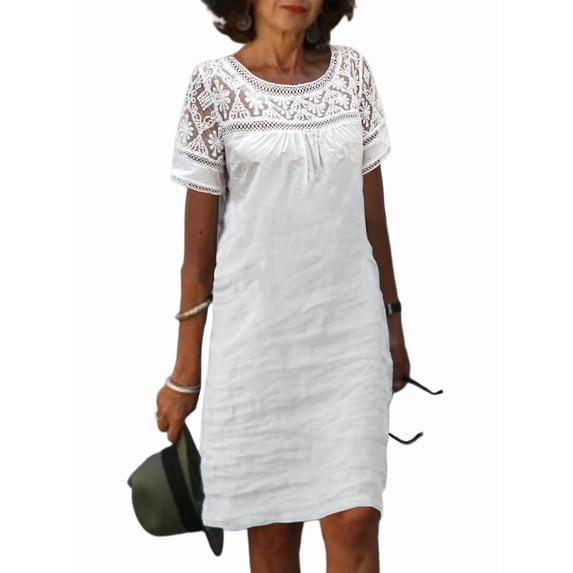 Women'S Dresses Lace Hollow Patchwork Summer Loose Short Sleeve Crew Neck Dress White S