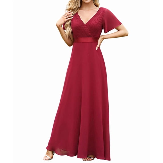 Women'S Dresses Short Sleeve V Neck Elegant Chiffon Bridesmaid Ruffle Wedding Guest Dresses Wine Red M