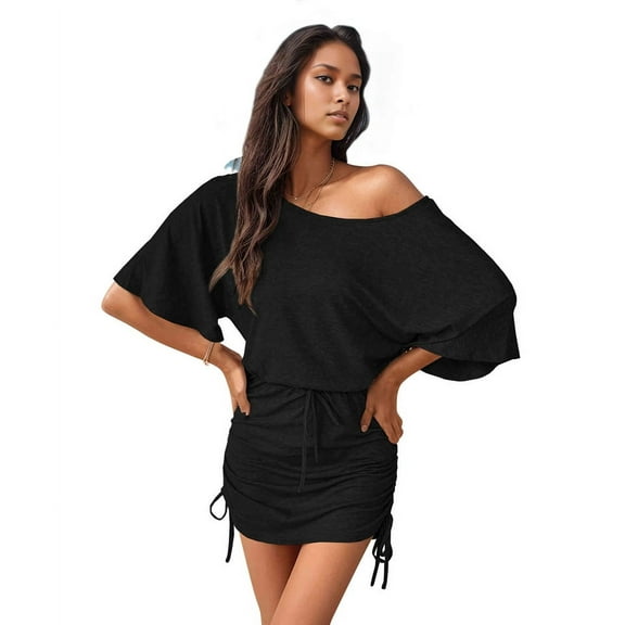 Women'S Dresses Solid Drawstring Side Batwing Sleeve Dress Dress for Women Black S