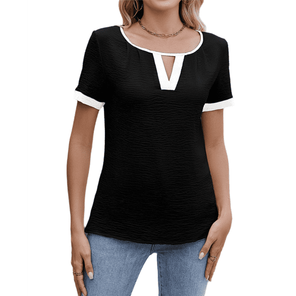 Women'S Dressy Casual Blouses Business Casual Work Top Color Block V Neck Short Sleeve Shirts Summer 2025 Black XL