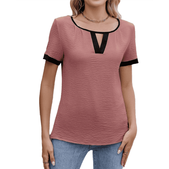 Women'S Dressy Casual Blouses Business Casual Work Top Color Block V Neck Short Sleeve Shirts Summer 2025 Pink XXL