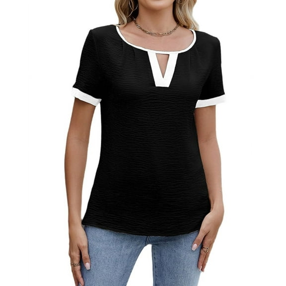 Women'S Dressy Casual Blouses Business Casual Work Top Color Block V Neck Short Sleeve Shirts Summer Black XL