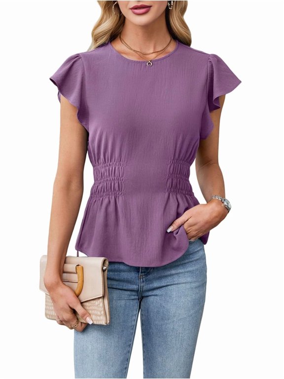 Women'S Dressy Casual Blouses Business Ruffle Short Sleeve Tops Summer Crew Neck Smocked Shirts Deep XL