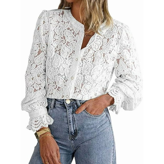 Women'S Dressy Casual Lace Blouse Long Sleeve Button Up Shirts Tops Spring Fall Fashion Clothes White XL