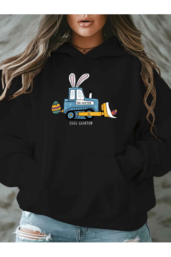 Women'S Easter Bulldozer Graphic Hooded Sweatshirt - Oversized Pullover with "Eggs-istential" Alphabet Pattern, Bunny & Egg Hunt Design, Soft Polyester Fabric, Kangaroo Pocket, All-Season Casual Swea