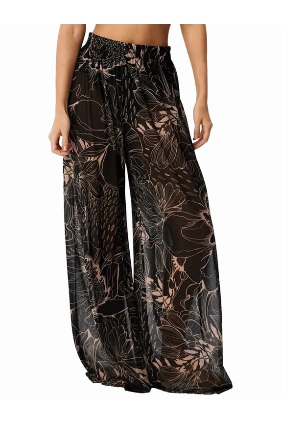 Women'S Elastic High Waist Wide Leg Pants Casual Long Home Pants Big Flower XL