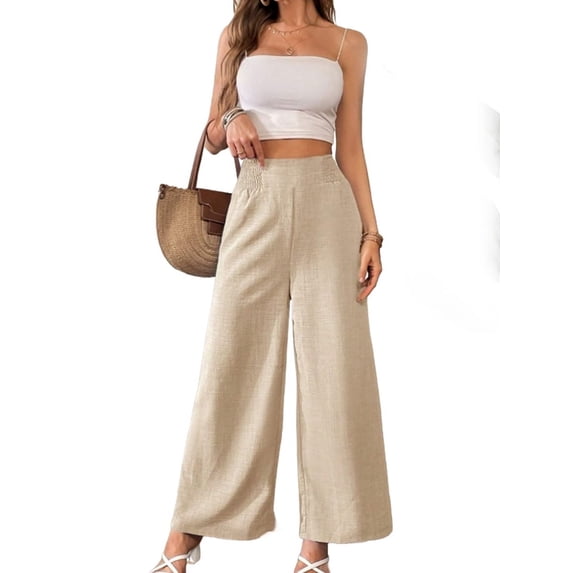 Women'S Elastic Smocked Waist Pants Straight Leg High Rise Long Trousers Apricot S