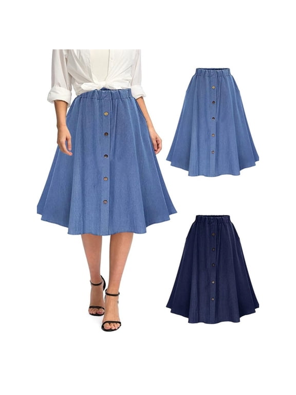 Women'S Elastic Waist A-line Pleated Midi Denim Skirt Ladies Button Up Loose Skirt Casual Skirt, Commuting Wind, Seasonal Fashion, Elegant Design, Quality Stitching