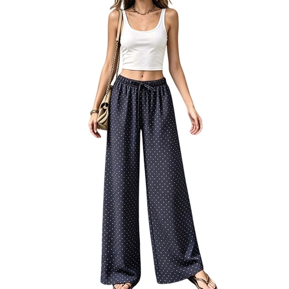 Women'S Elastic Waist Drawstring Polka Dot Print Casual Wide Leg Long Pants Navy Blue XXL