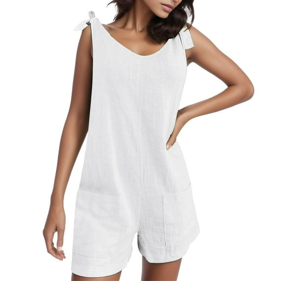 Women'S Elastic Waist Dungarees Linen Cotton Pockets Rompers Playsuit Shorts Pants Jumpsuit