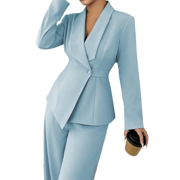 Women'S Elegant 2-Piece Outfit, Long Sleeve Blazer & Straight-Leg Pants Set Blue S