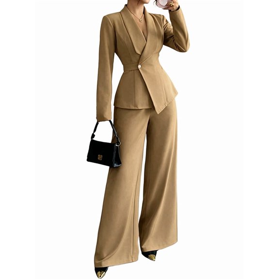 Women'S Elegant 2-Piece Outfit, Long Sleeve Blazer & Straight-Leg Pants Set Khaki L