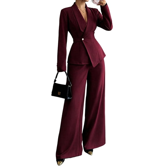 Women'S Elegant 2-Piece Outfit, Long Sleeve Blazer & Straight-Leg Pants Set Wine Red M
