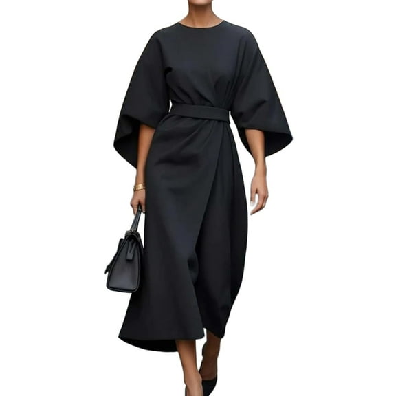 Women'S Elegant Batwing Sleeve Cocktail Party Dress Solid Casual Loose Ruched Slit Midi Dress with Belt Black S