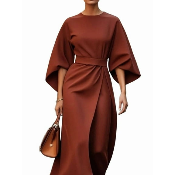 Women'S Elegant Batwing Sleeve Cocktail Party Dress Solid Casual Loose Ruched Slit Midi Dress with Belt Brown L
